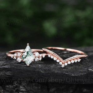 Green moss agate engagement ring set kite cut ring rose gold vintage unique snowdrift engagement ring diamond bridal wedding ring for women