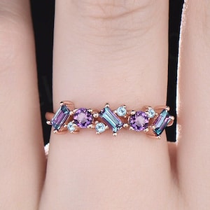 Baguette cut Alexandrite ring vintage cluster Amethyst ring women rose gold topaz wedding band gemstone unique bridal anniversary ring gift