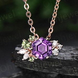 Hexagon cut Amethyst peridot necklace solid 14k rose gold Crystal cluster diamond Pendant women birthstone gemstone anniversary gift silver