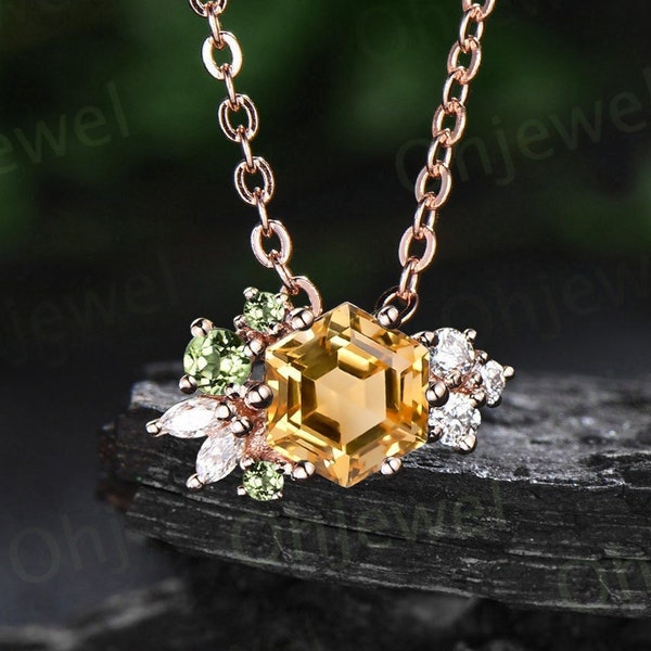 Hexagon cut citrine peridot necklace Pendant vintage 6 prong cluster diamond solid 14k rose gold unique necklace women November birthstone