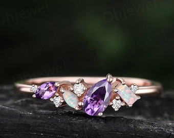 Dainty pear amethyst ring vintage art deco Baguette cut opal ring 14k rose gold unique cluster moissanite wedding band anniversary gift