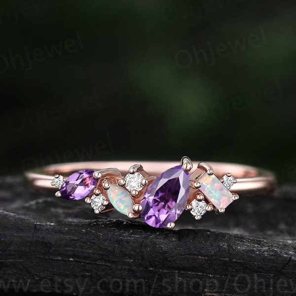 Dainty pear amethyst ring vintage art deco Baguette cut opal ring 14k rose gold unique cluster moissanite wedding band anniversary gift