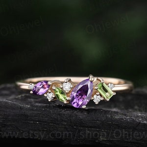 Sierlijke peer amethist ring vintage art deco stokbrood geslepen peridoot ring 14k geelgouden unieke cluster moissaniet trouwring verjaardagscadeau