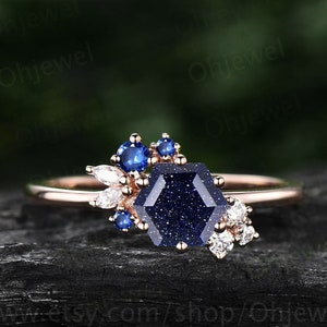 Hexagon cut blue sandstone ring rose gold silver for women vintage unique engagement ring dainty art deco sapphire moissanite wedding ring