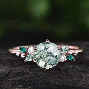 Vintage round green moss agate engagement ring rose gold 6 prong cluster snowdrift diamond ring unique bridal promise wedding ring women