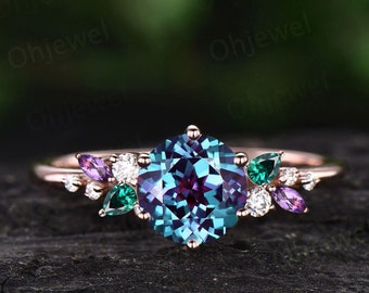 Vintage round alexandrite engagement ring rose gold cluster snowdrift diamond ring emerald amethyst ring women unique bridal wedding ring