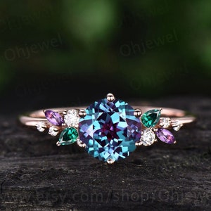 Vintage round alexandrite engagement ring rose gold cluster snowdrift diamond ring emerald amethyst ring women unique bridal wedding ring