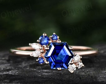 Hexagon cut natural sapphire ring gold for women vintage unique cluster sapphire engagement ring art deco moissanite anniversary ring gifts