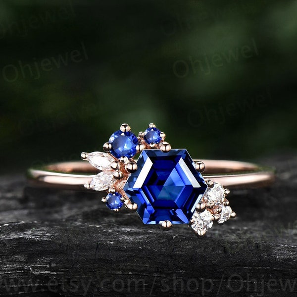 Hexagon cut natural sapphire ring gold for women vintage unique cluster sapphire engagement ring art deco moissanite anniversary ring gifts