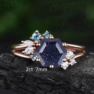 7mm Hexagon cut blue sandstone goldstone engagement ring rose gold silver cluster alexandrite ring split shank diamond wedding ring women