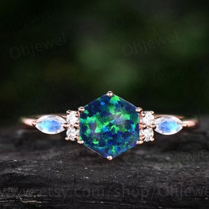 Hexagon cut balck opal engagement ring rose gold vintage unique marquise moonstone engagement ring art deco opal bridal wedding ring women