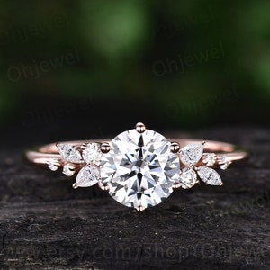 Vintage round cut moissanite engagement ring solid rose gold 6 prong cluster snowdrift diamond ring unique bridal promise wedding ring women