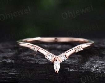 Princess cut diamond wedding band art deco curved moissanite wedding ring band women vintage 14k rose gold 7 stone anniversary ring gift