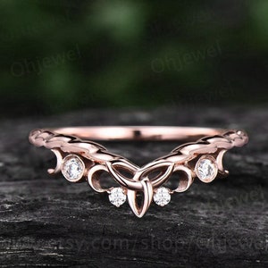 Curved diamond wedding band solid 14k rose gold chevron four stone moon ring Celtic knot eternity stacking Twisted wedding ring band women