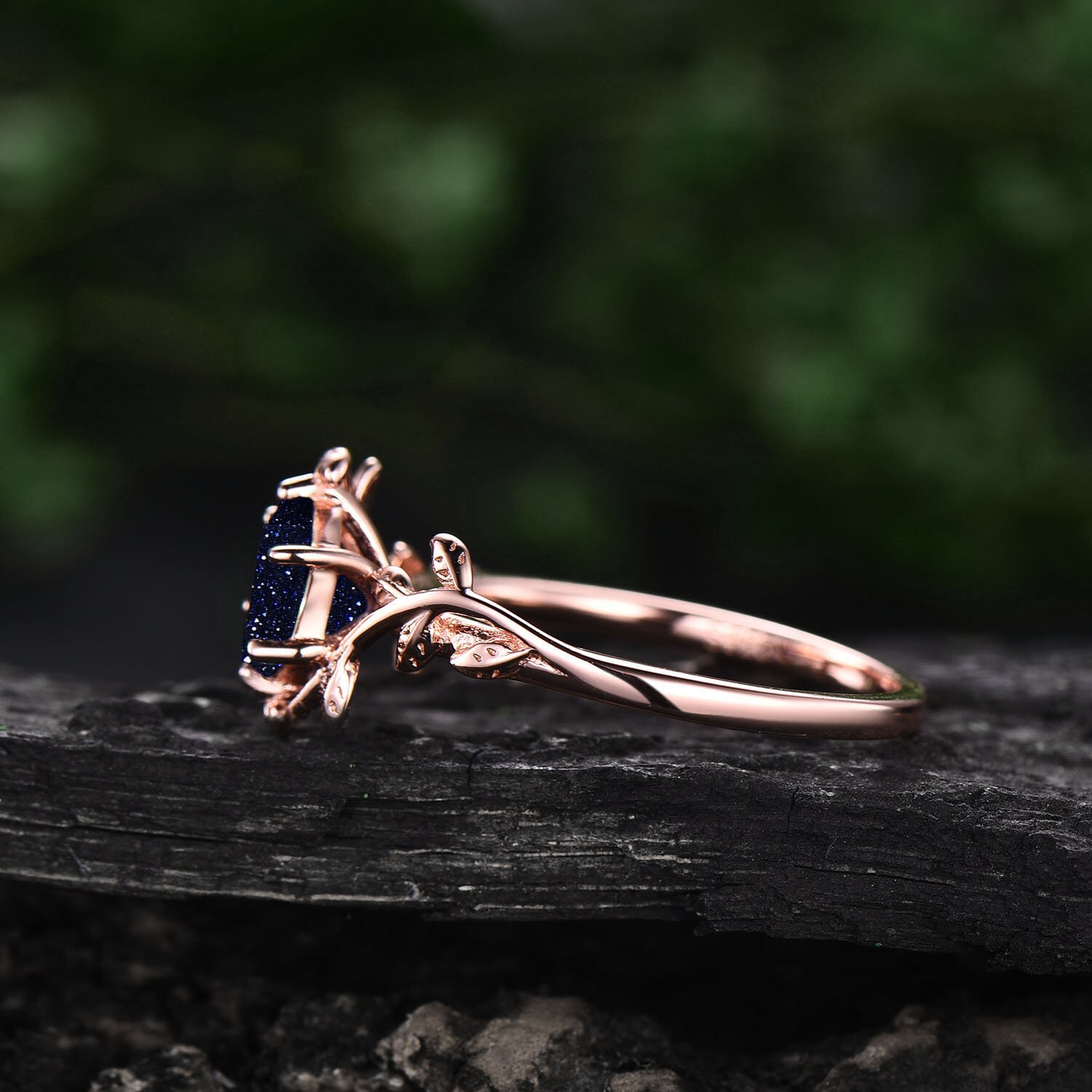 Hexagon Blue Sandstone Engagement Ring Leaf Flower Rose Gold