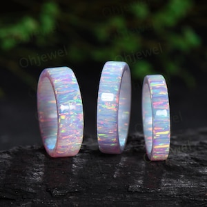Unique white opal wedding band mens elegant fire opal couple rings solitaire  minimalist opal wedding ring band gift for women