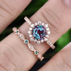 1ct Color change alexandrite ring gold women vintage alexandrite engagement ring set art deco rose gold diamond ring wedding ring set gift