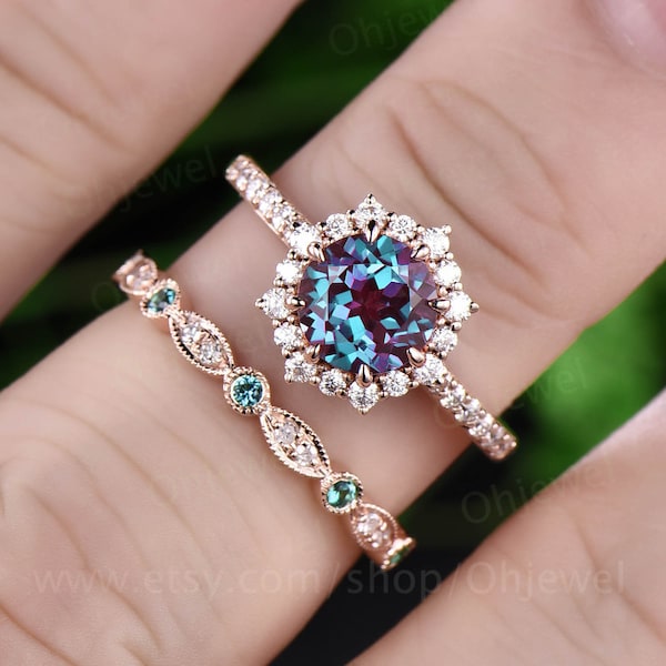 Seulement 1pc or rose alexandrite diamant bague de mariée bague assortie bande