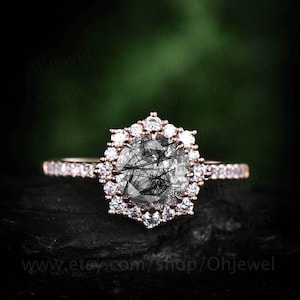 Round black rutilated quartz engagement ring rose gold vintage cluster halo moissanite ring women jewelry unique wedding bridal ring gift