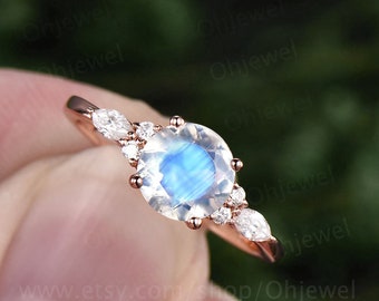 Round shaped moonstone ring vintage moonstone engagement ring marquise ring unique moissanite ring for women June birthstone ring jewelry