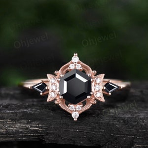 Moon hexagon black Tourmaline engagement ring Milgrain halo diamond ring women rose gold kite spinel unique bridal wedding promise ring her