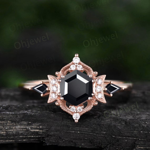 Moon Hexagon Black Tourmaline Engagement Ring Milgrain Halo