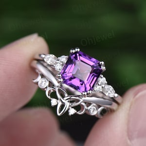 Asscher cut natural purple Amethyst engagement ring set solid 14k white gold art deco unique diamond wedding bridal ring set women jewelry