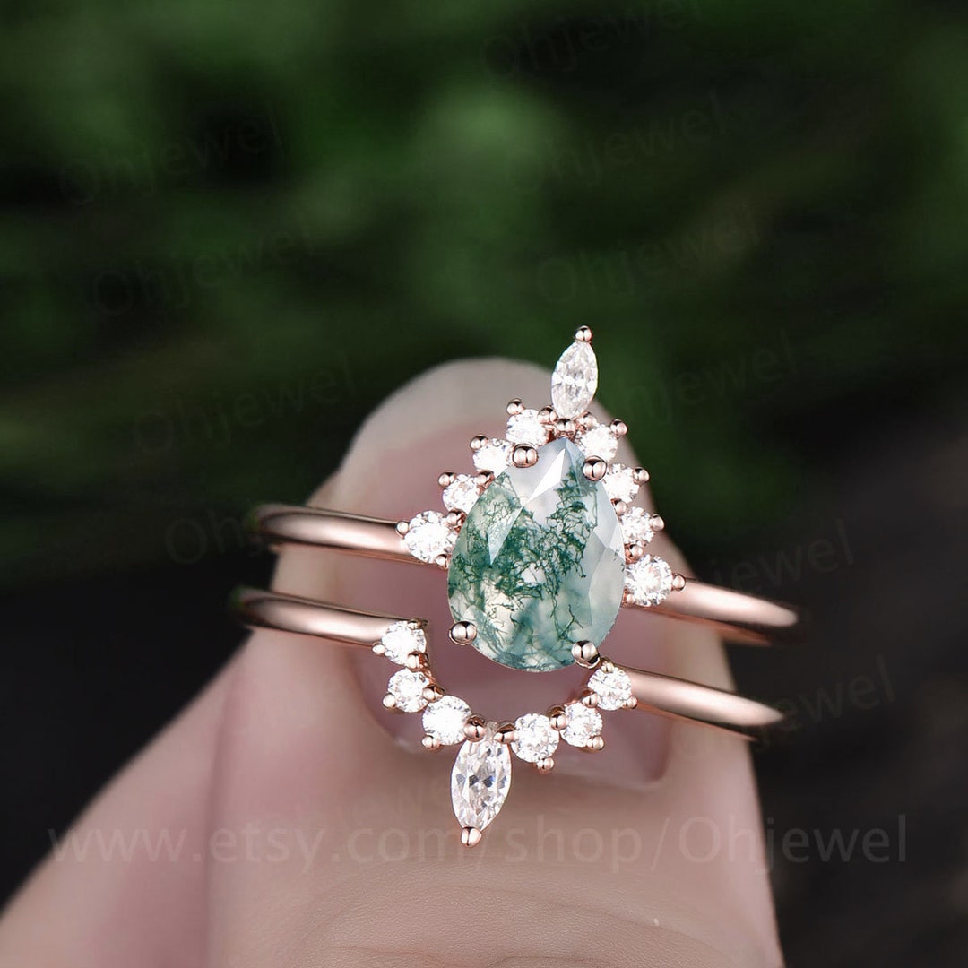 Pear Shaped Moss Agate Ring Set Vintage Moss Agate Engagement Ring Set ...
