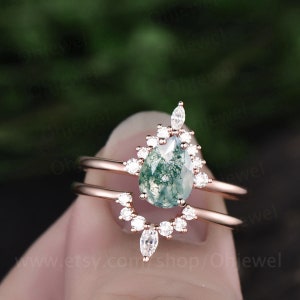 Pear shaped moss agate ring set vintage moss agate engagement ring set marquise moissanite ring set halo ring rose gold ring set for women image 1