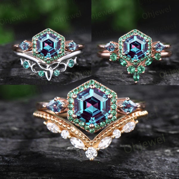 Hexagon cut Alexandrite engagement ring set rose gold halo emerald Personalized unique bridal wedding ring set women gift for her jewelry