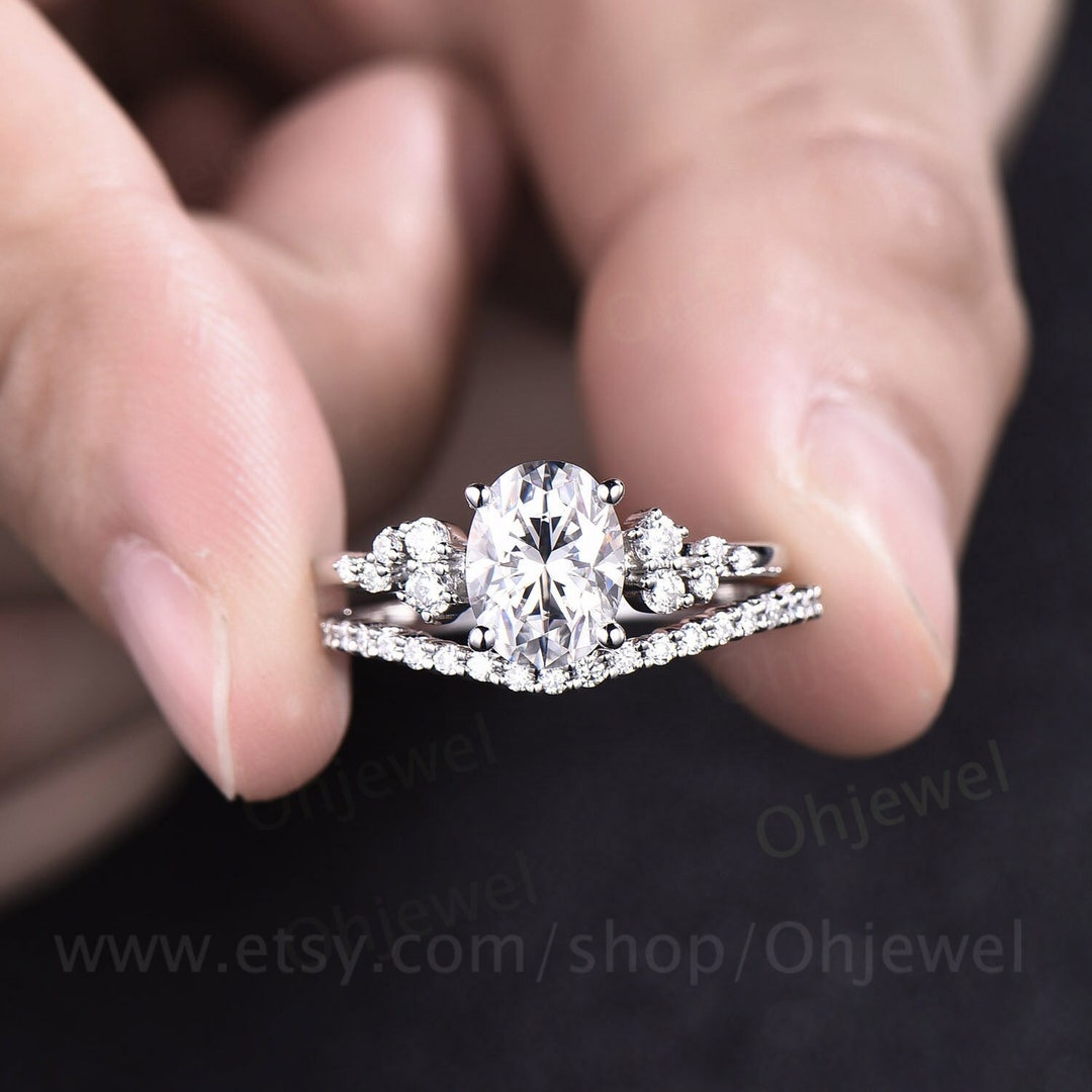 Vintage Oval Cut Moissanite Engagement Ring Set White Gold Alternative ...