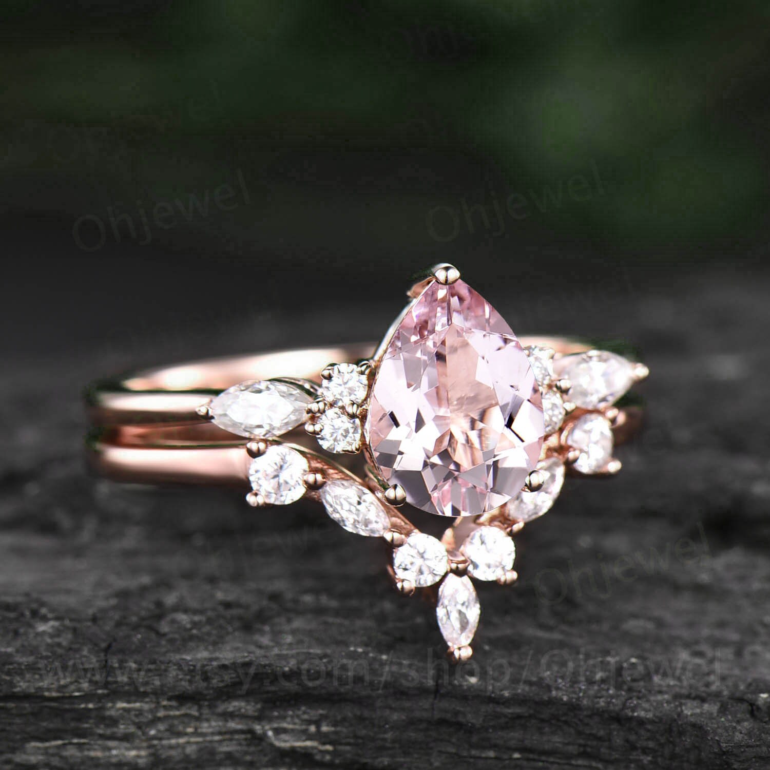 Unique Pear Shaped Morganite Engagement Ring Set Rose Gold Art | Etsy