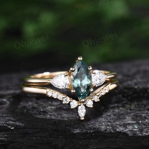 Marquise cut green sapphire ring three stone teal sapphire ring 14k yellow gold pear moissanite ring 6 prong dainty engagement ring women