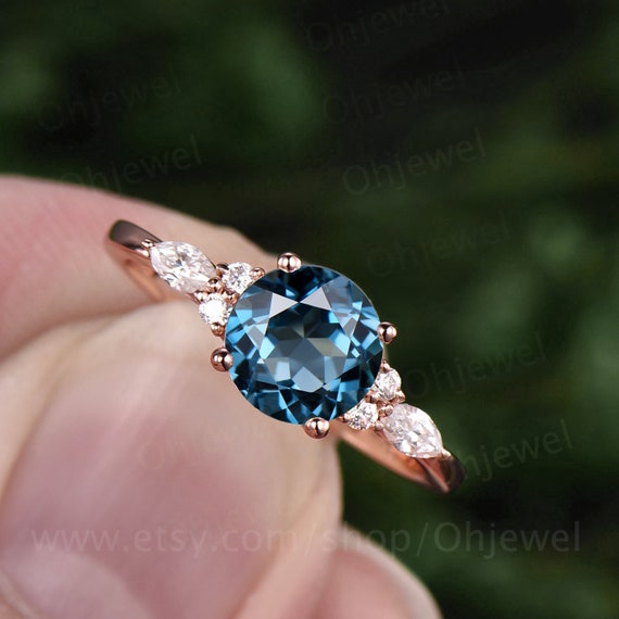 Vintage London Blue Topaz Engagement Ring Rose Gold Ring Marquise