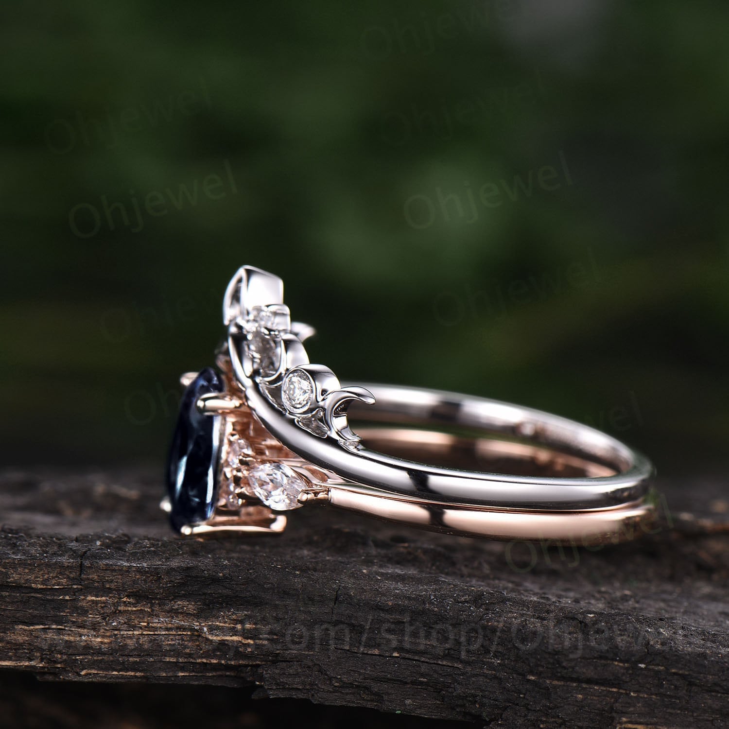Oval Blue Sandstone Engagement Ring Set 14k White Gold