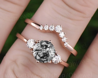 Vintage black rutilated quartz engagement ring set three stone ring moissanite ring for women antique rose gold ring bridal set jewelry gift