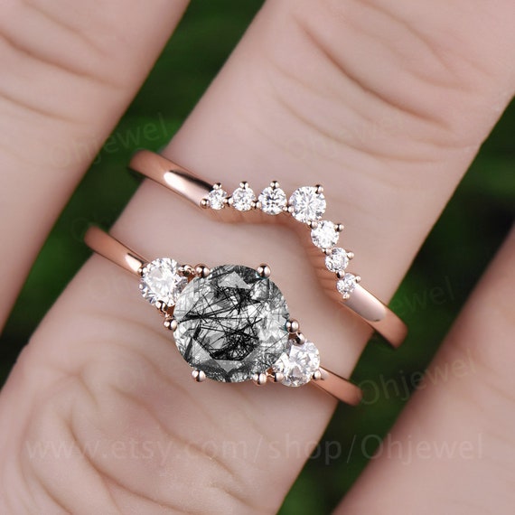 Vintage black rutilated quartz engagement ring set three stone | Etsy