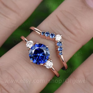 Vintage unique blue sapphire engagement ring set 14k rose gold three stone moissanite ring minimalist bridal wedding ring set for women gift image 1