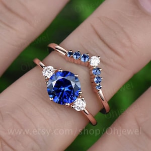 Vintage unique blue sapphire engagement ring set 14k rose gold three stone moissanite ring minimalist bridal wedding ring set for women gift