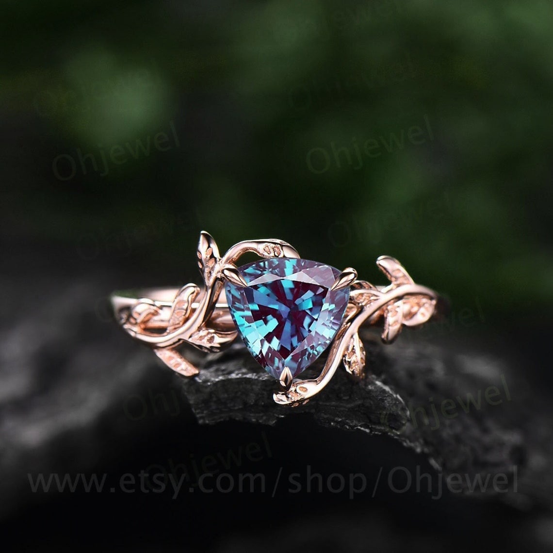 Vintage Trilliant Cut Alexandrite Engagement Ring Leaf Rose Gold