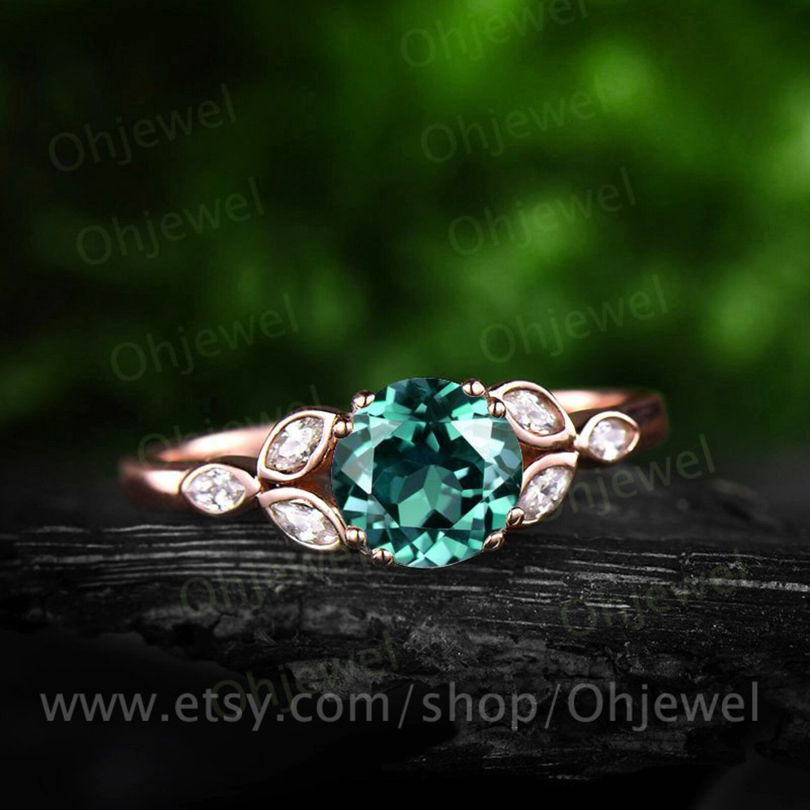 Green Emerald Engagement Ring Rose Gold 14K/18K Moissanite Wedding Band ...