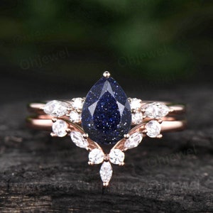 Pear shaped blue sandstone engagement ring set 14k rose gold vintage unique engagement ring moissanite ring set for women wedding ring set