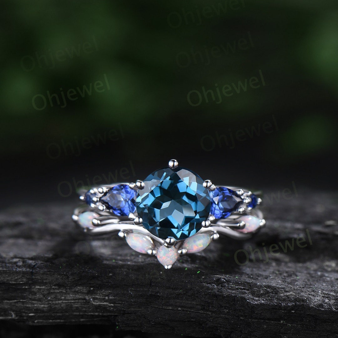 Round London Blue Topaz Ring Vintage Pear Sapphire Ring Five Stone Blue ...