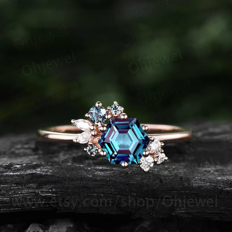 Hexagon cut Alexandrite ring gold silver for women vintage unique Alexandrite engagement ring cluster art deco moissanite bridal ring gifts 