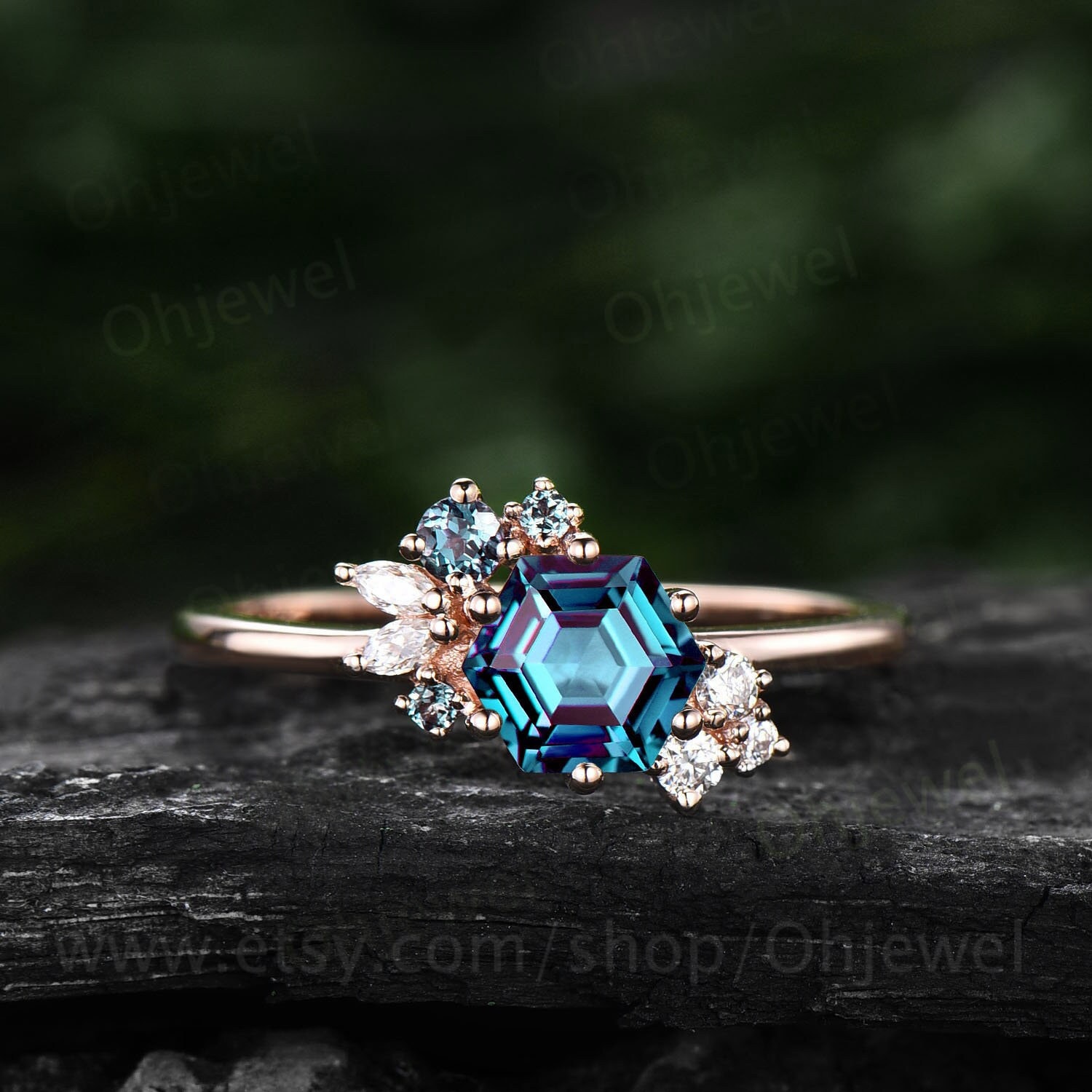 Hexagon cut Alexandrite ring gold silver for women vintage unique  Alexandrite engagement ring cluster art deco moissanite bridal ring gifts