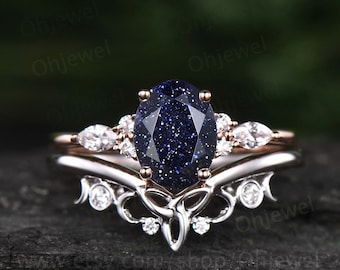 Oval blue sandstone engagement ring set 14k rose gold Galaxy vintage unique engagement ring moissanite ring for women Norse Viking Jewelry