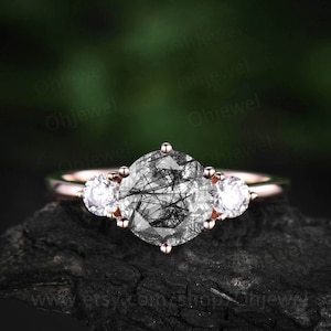 Vintage black rutilated quartz engagement ring rose gold for women three stone ring unique moissanite ring wedding bridal anniversary gift