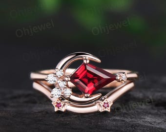 Kite cut red ruby ring rose gold unique east to west star moon engagement ring set cluster moissanite wedding bridal ring set women