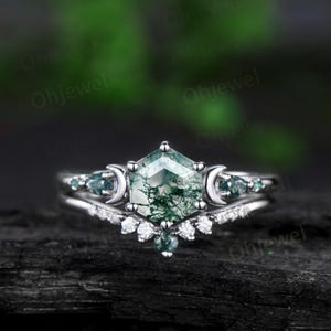Hexagon cut green moss agate ring 14k white gold five stone moon unique engagement ring emerald bridal wedding ring set women jewelry gift
