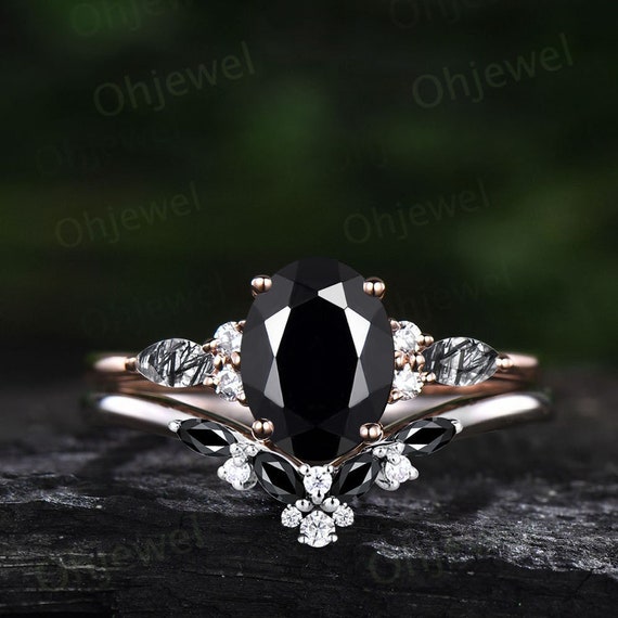 Vintage Black Rutilated Quartz Wedding Ring Set Unique Engagement Ring Set Rose Gold Cluster Black Onyx Bridal Set Women Anniversary Gift 2pcs Bridal